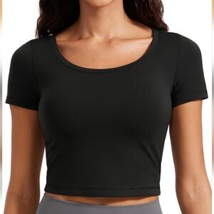 CRZ YOGA Butterluxe Short Sleeve Shirts for Women Scoop Neck XL Black